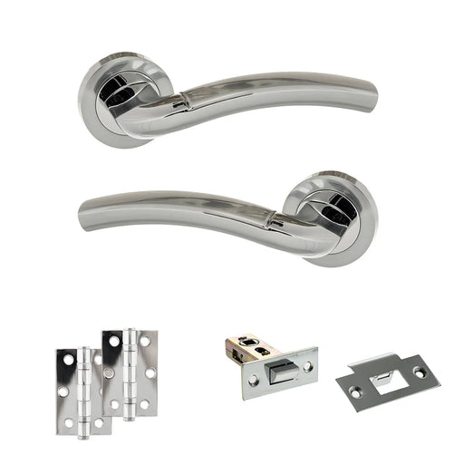 Atlantic Eco Crest Door Handle Pack (Latch Set - 2.5" Latch, 3" Hinges x2) - Satin Chrome/Polished Chrome