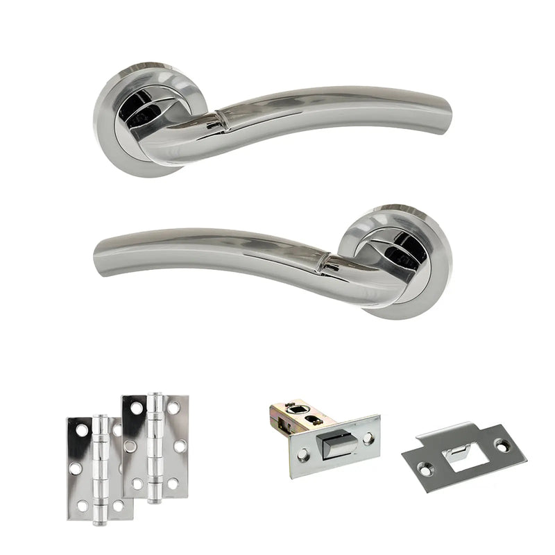 Atlantic Eco Crest Door Handle Pack (Latch Set - 2.5" Latch, 3" Hinges x2) - Satin Chrome/Polished Chrome