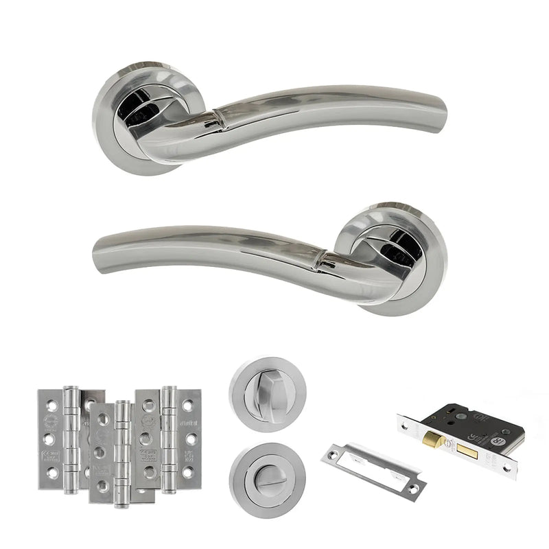 Atlantic Eco Crest Door Handle Pack (Bathroom Set - 2.5" CE Bathroom Lock, 3" Fire Rated Hinges x3) - Satin Chrome/Polished Chrome
