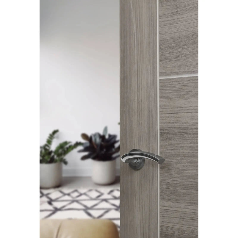 Atlantic Eco Crest Door Handle Pack (Bathroom Set - 2.5" CE Bathroom Lock, 3" Fire Rated Hinges x3) - Satin Chrome/Polished Chrome