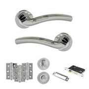 Atlantic Eco Crest Door Handle Pack (Bathroom Set - 3" CE Bathroom Lock, 3" Fire Rated Hinges x3) - Satin Chrome/Polished Chrome