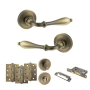 Atlantic Old English Wrexham Door Handle Pack (Bathroom Set - 2.5" CE Bathroom Lock, 4" Fire Rated Hinges x3) - Matt Antique Brass