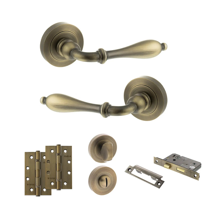Atlantic Old English Wrexham Door Handle Pack (Bathroom Set - 2.5" CE Bathroom Lock, 4" Slim Knuckle Hinges x2) - Matt Antique Brass