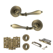 Atlantic Old English Wrexham Door Handle Pack (3 Lever Lock Set - 2.5" CE Sashlock, 3" Fire Rated Hinges x3) - Matt Antique Brass