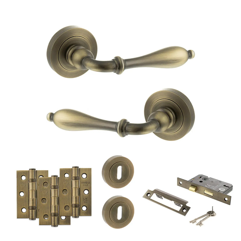 Atlantic Old English Wrexham Door Handle Pack (3 Lever Lock Set - 2.5" CE Sashlock, 3" Fire Rated Hinges x3) - Matt Antique Brass