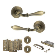 Atlantic Old English Wrexham Door Handle Pack (3 Lever Lock Set - 2.5" CE Sashlock, 4" Fire Rated Hinges x3) - Matt Antique Brass