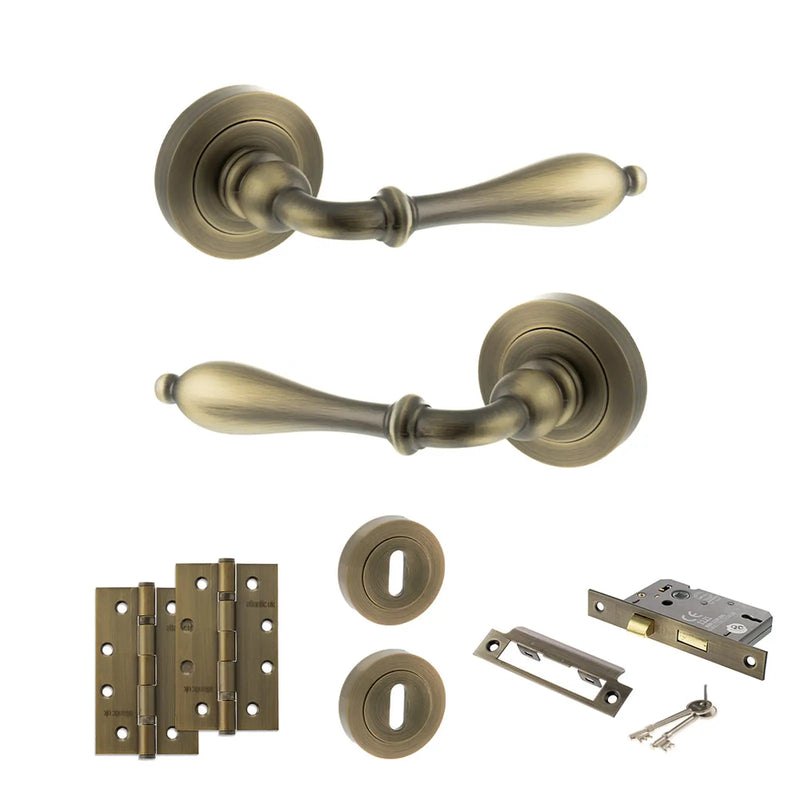 Atlantic Old English Wrexham Door Handle Pack (3 Lever Lock Set - 2.5" CE Sashlock, 4" Slim Knuckle Hinges x2) - Matt Antique Brass