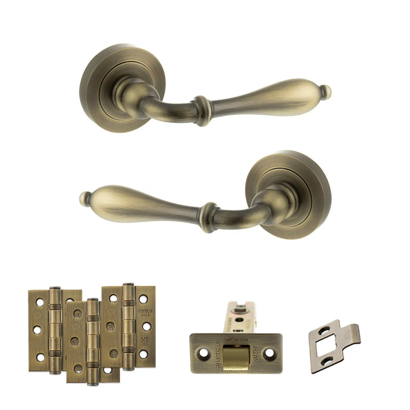 Atlantic Old English Wrexham Door Handle Pack (Latch Set - 2.5" CE Latch, 3" Fire Rated Hinges x3) - Matt Antique Brass