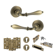 Atlantic Old English Wrexham Door Handle Pack (Euro Lock Set - 3" CE Sashlock, 3" Fire Rated Hinges x3) - Matt Antique Brass