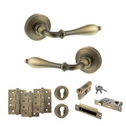 Atlantic Old English Wrexham Door Handle Pack (Euro Lock Set - 3" CE Sashlock, 4" Fire Rated Hinges x3) - Matt Antique Brass