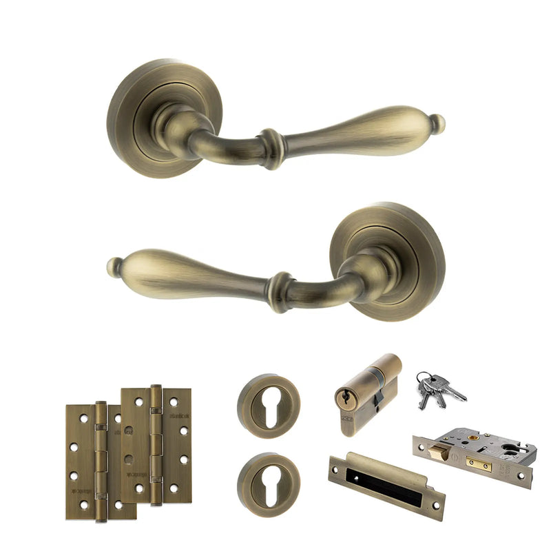 Atlantic Old English Wrexham Door Handle Pack (Euro Lock Set - 3" CE Sashlock, 4" Slim Knuckle Hinges x2) - Matt Antique Brass