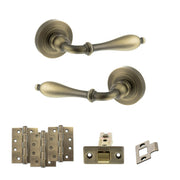 Atlantic Old English Wrexham Door Handle Pack (Latch Set - 2.5" CE Latch, 4" Fire Rated Hinges x3) - Matt Antique Brass