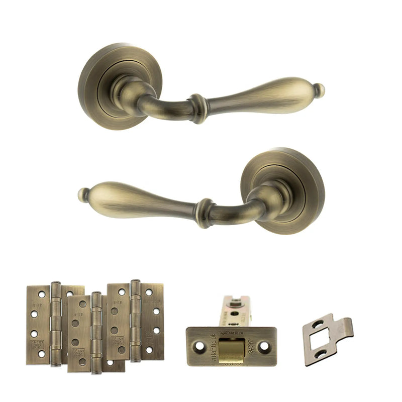 Atlantic Old English Wrexham Door Handle Pack (Latch Set - 3" CE Latch, 4" Fire Rated Hinges x3) - Matt Antique Brass