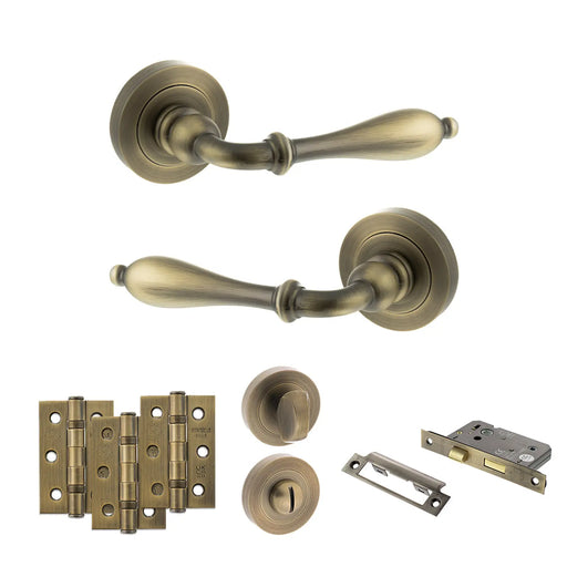 Atlantic Old English Wrexham Door Handle Pack (Bathroom Set - 2.5" CE Bathroom Lock, 3" Fire Rated Hinges x3) - Matt Antique Brass