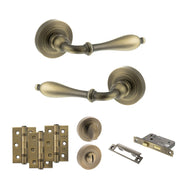 Atlantic Old English Wrexham Door Handle Pack (Bathroom Set - 3" CE Bathroom Lock, 3" Fire Rated Hinges x3) - Matt Antique Brass