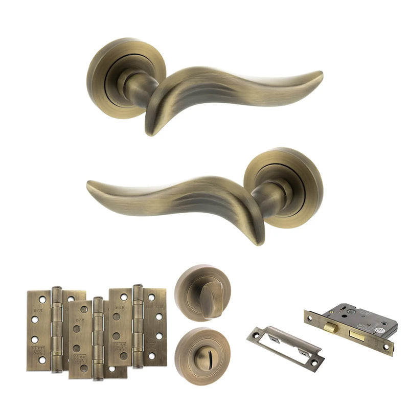 Atlantic Old English Oxford Door Handle Pack (Bathroom Set - 2.5" CE Bathroom Lock, 4" Fire Rated Hinges x3) - Matt Antique Brass