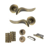 Atlantic Old English Oxford Door Handle Pack (Bathroom Set - 2.5" CE Bathroom Lock, 4" Slim Knuckle Hinges x2) - Matt Antique Brass