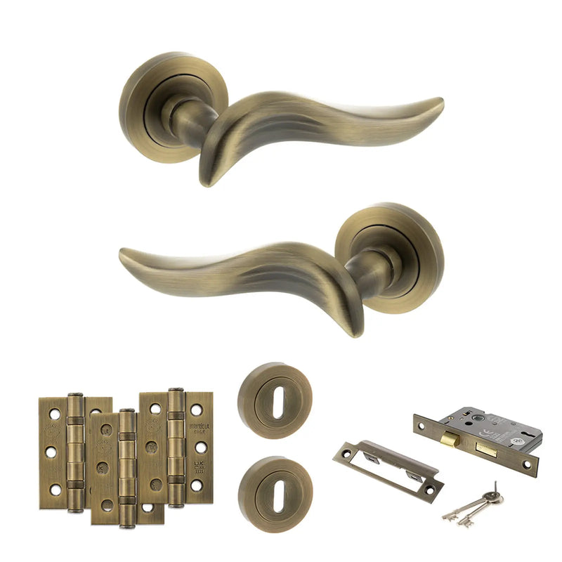 Atlantic Old English Oxford Door Handle Pack (3 Lever Lock Set - 2.5" CE Sashlock, 3" Fire Rated Hinges x3) - Matt Antique Brass