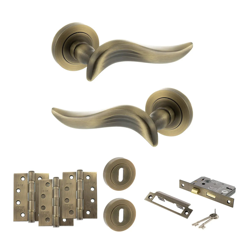 Atlantic Old English Oxford Door Handle Pack (3 Lever Lock Set - 2.5" CE Sashlock, 4" Fire Rated Hinges x3) - Matt Antique Brass