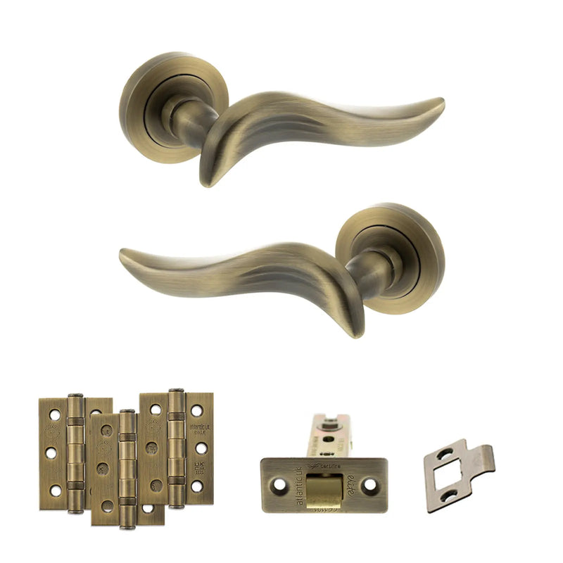 Atlantic Old English Oxford Door Handle Pack (Latch Set - 2.5" CE Latch, 3" Fire Rated Hinges x3) - Matt Antique Brass