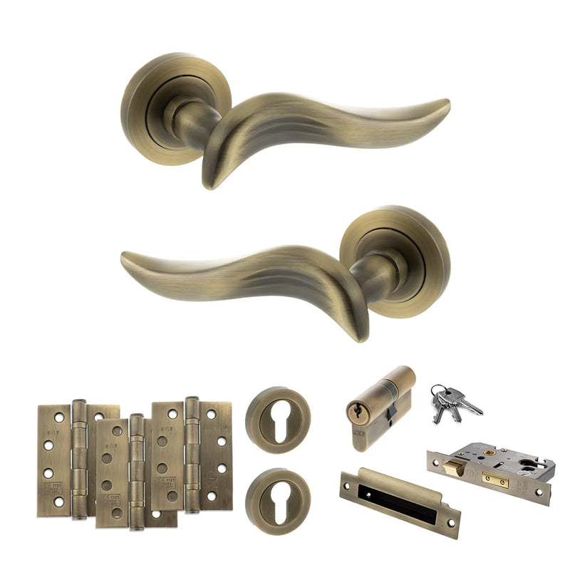 Atlantic Old English Oxford Door Handle Pack (Euro Lock Set - 3" CE Sashlock, 4" Fire Rated Hinges x3) - Matt Antique Brass
