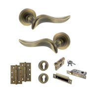 Atlantic Old English Oxford Door Handle Pack (Euro Lock Set - 2.5" CE Sashlock, 4" Slim Knuckle Hinges x2) - Matt Antique Brass