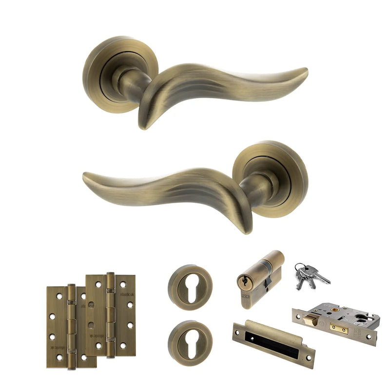 Atlantic Old English Oxford Door Handle Pack (Euro Lock Set - 2.5" CE Sashlock, 4" Slim Knuckle Hinges x2) - Matt Antique Brass