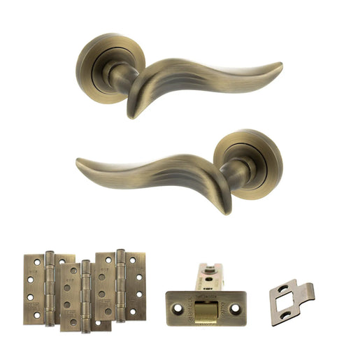 Atlantic Old English Oxford Door Handle Pack (Latch Set - 3" CE Latch, 4" Fire Rated Hinges x3) - Matt Antique Brass