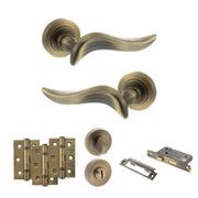 Atlantic Old English Oxford Door Handle Pack (Bathroom Set - 3" CE Bathroom Lock, 3" Fire Rated Hinges x3) - Matt Antique Brass