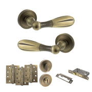 Atlantic Old English Cambridge Door Handle Pack (Bathroom Set - 2.5" CE Bathroom Lock, 4" Fire Rated Hinges x3) - Matt Antique Brass