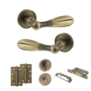 Atlantic Old English Cambridge Door Handle Pack (Bathroom Set - 3" CE Bathroom Lock, 4" Slim Knuckle Hinges x2) - Matt Antique Brass
