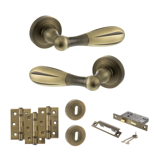 Atlantic Old English Cambridge Door Handle Pack (3 Lever Lock Set - 3" CE Sashlock, 3" Fire Rated Hinges x3) - Matt Antique Brass