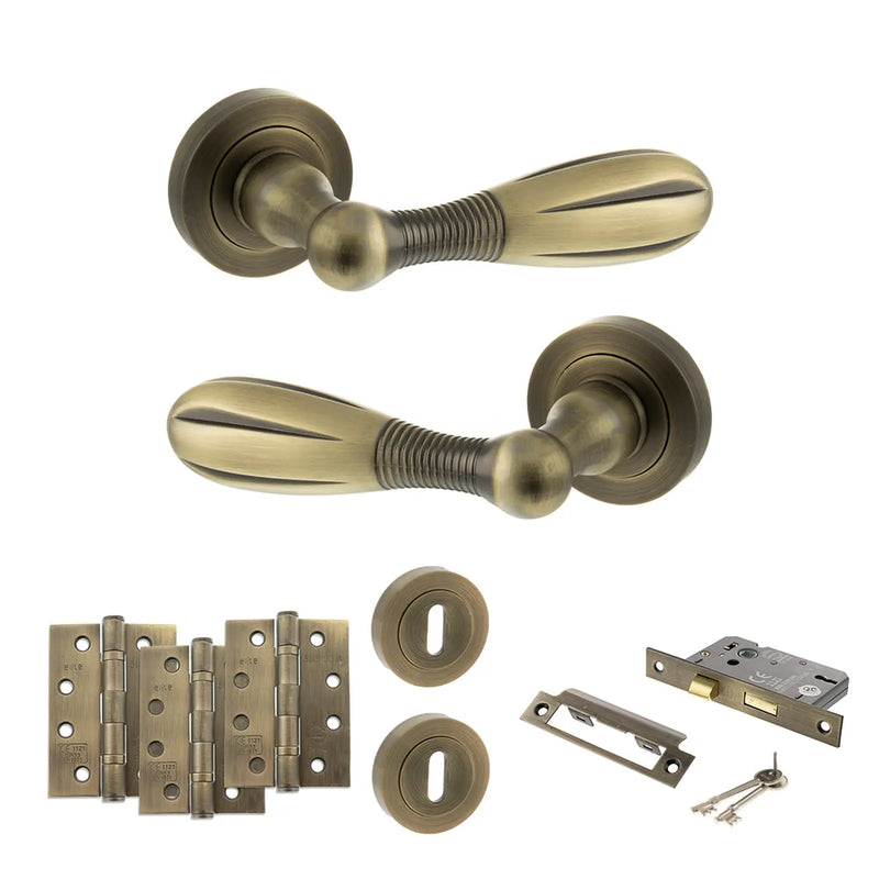 Atlantic Old English Cambridge Door Handle Pack (3 Lever Lock Set - 2.5" CE Sashlock, 4" Fire Rated Hinges x3) - Matt Antique Brass