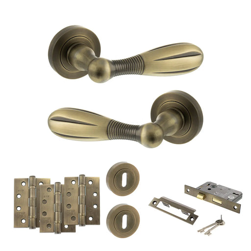 Atlantic Old English Cambridge Door Handle Pack (3 Lever Lock Set - 3" CE Sashlock, 4" Fire Rated Hinges x3) - Matt Antique Brass