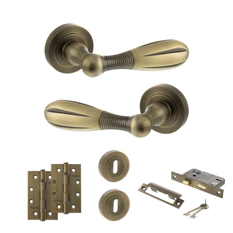 Atlantic Old English Cambridge Door Handle Pack (3 Lever Lock Set - 2.5" CE Sashlock, 4" Slim Knuckle Hinges x2) - Matt Antique Brass