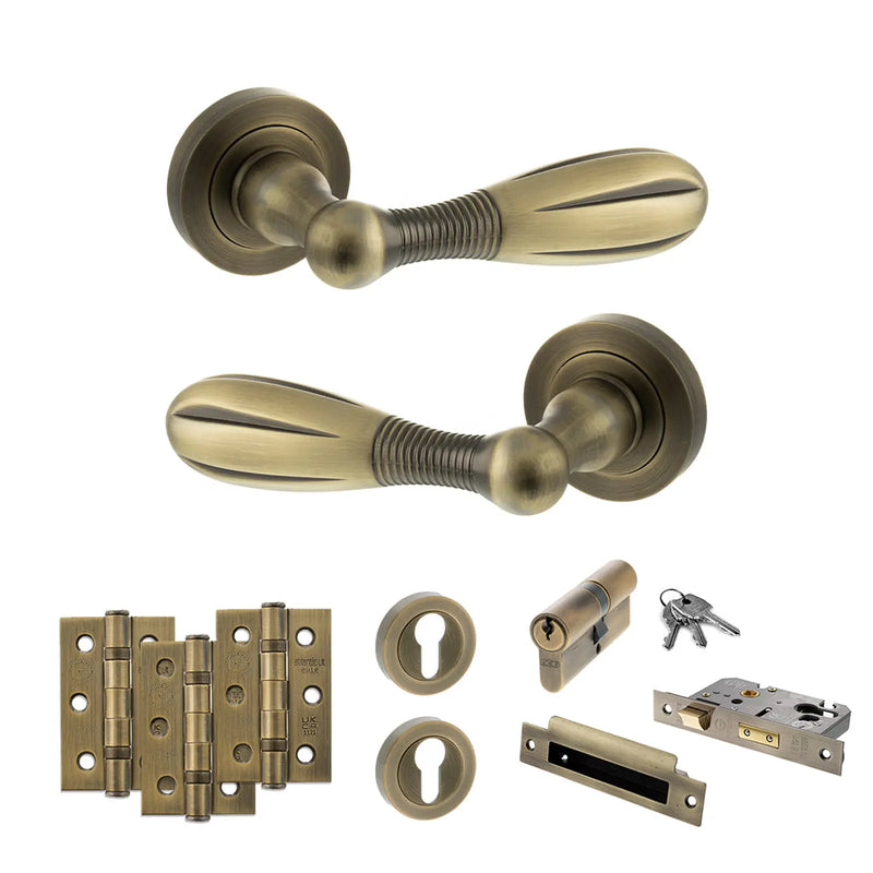 Atlantic Old English Cambridge Door Handle Pack (Euro Lock Set - 2.5" CE Sashlock, 3" Fire Rated Hinges x3) - Matt Antique Brass