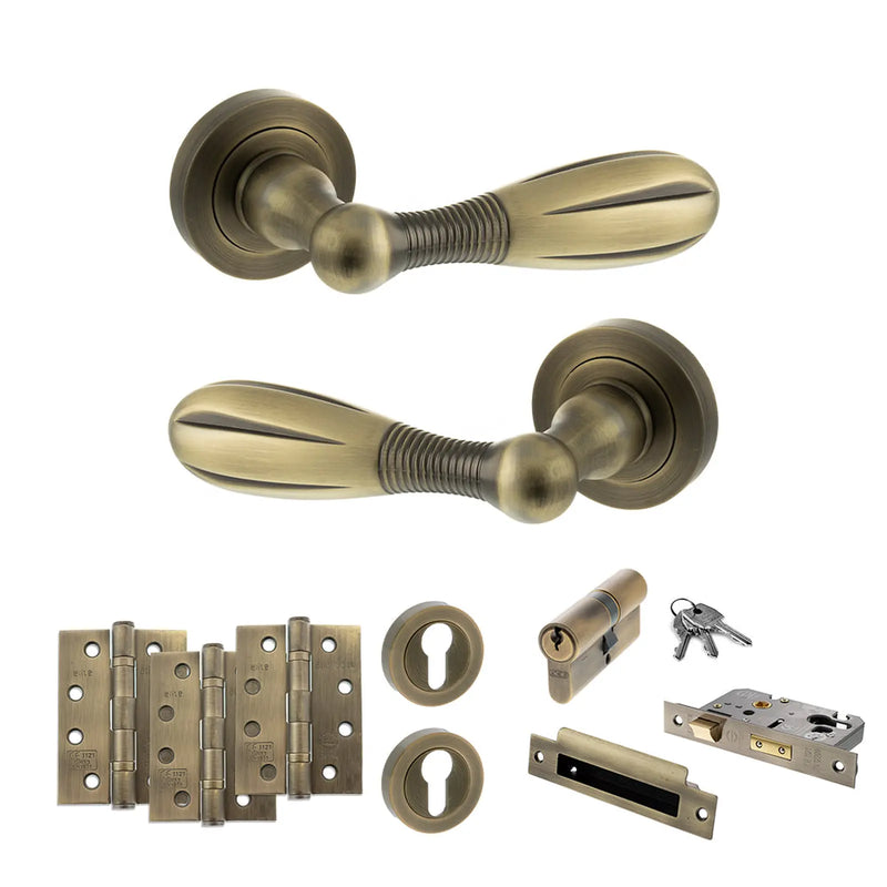 Atlantic Old English Cambridge Door Handle Pack (Euro Lock Set - 2.5" CE Sashlock, 4" Fire Rated Hinges x3) - Matt Antique Brass