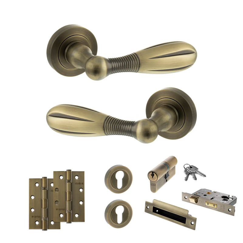 Atlantic Old English Cambridge Door Handle Pack (Euro Lock Set - 3" CE Sashlock, 4" Slim Knuckle Hinges x2) - Matt Antique Brass