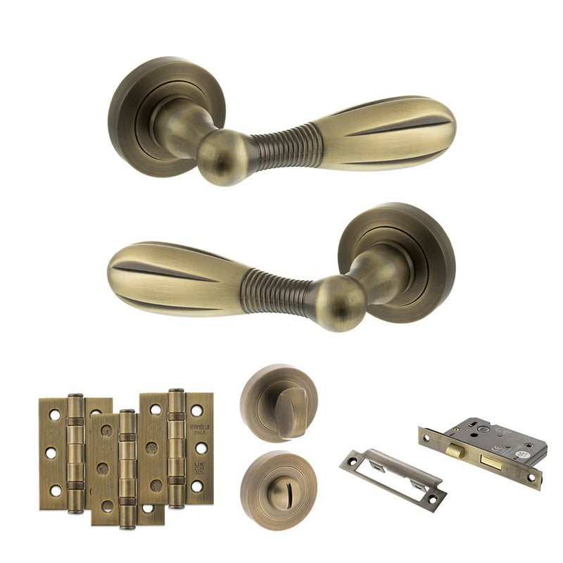Atlantic Old English Cambridge Door Handle Pack (Bathroom Set - 2.5" CE Bathroom Lock, 3" Fire Rated Hinges x3) - Matt Antique Brass