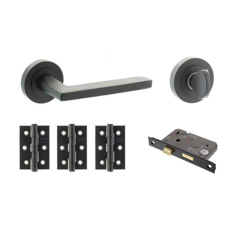 Atlantic STATUS Alaska Door Handle Pack (Bathroom Set - 3" CE Bathroom Lock, 3" Fire Rated Hinges x3) - Matt Black
