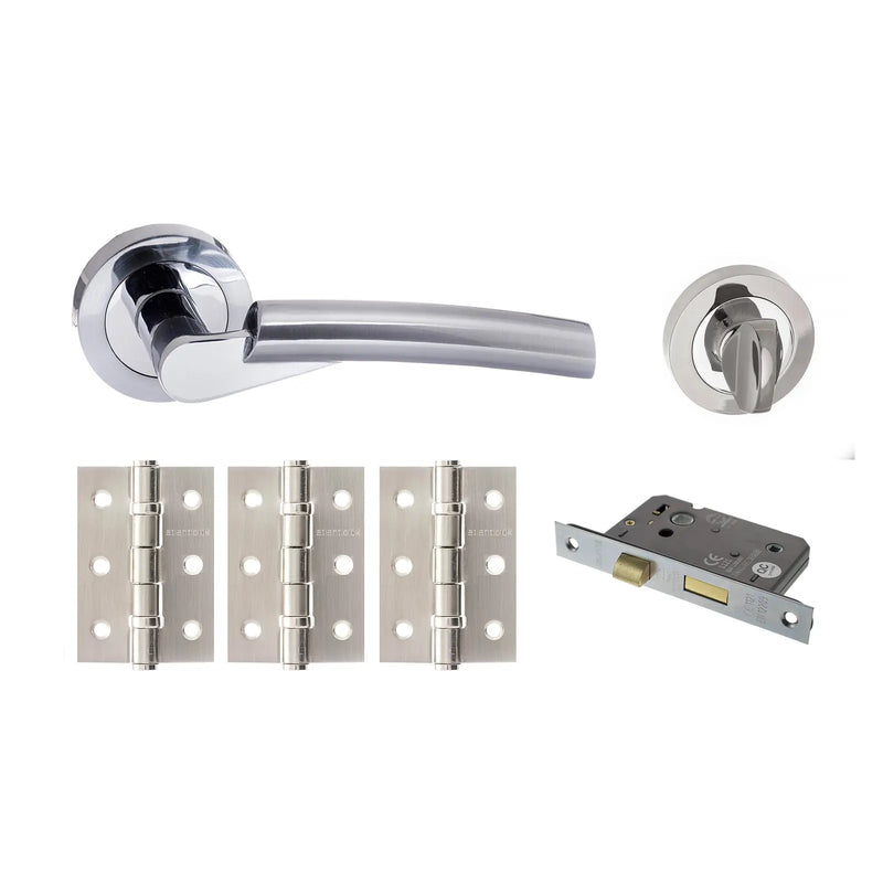 Atlantic STATUS Florida Door Handle Pack (Bathroom Set - 2.5" CE Bathroom Lock, 3" Fire Rated Hinges x3) - Satin Chrome/Polished Chrome