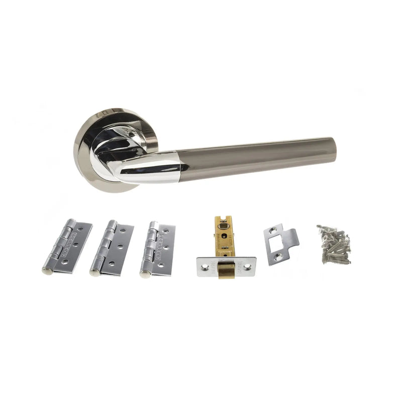 Atlantic STATUS Tennessee Door Handle Pack (Latch Set - 3" CE Latch, 3" Fire Rated Hinges x3) - Black Nickel/Polished Chrome