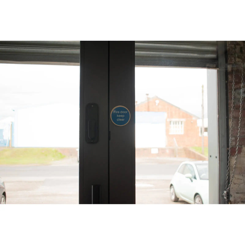 Atlantic Automatic Fire Door Keep Clear Disc Sign 75mm 3M Adhesive - Satin Stainless Steel