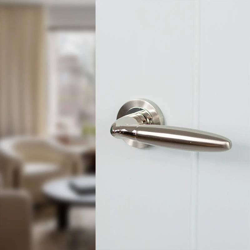 Atlantic Mediterranean Gibraltar Lever Door Handle on Round Rose - Satin Nickel/Polished Nickel