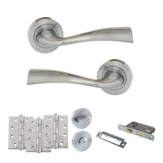 Atlantic Eco Wave Door Handle Pack (Bathroom Set - 3" CE Bathroom Lock, 4" Fire Rated Hinges x3)