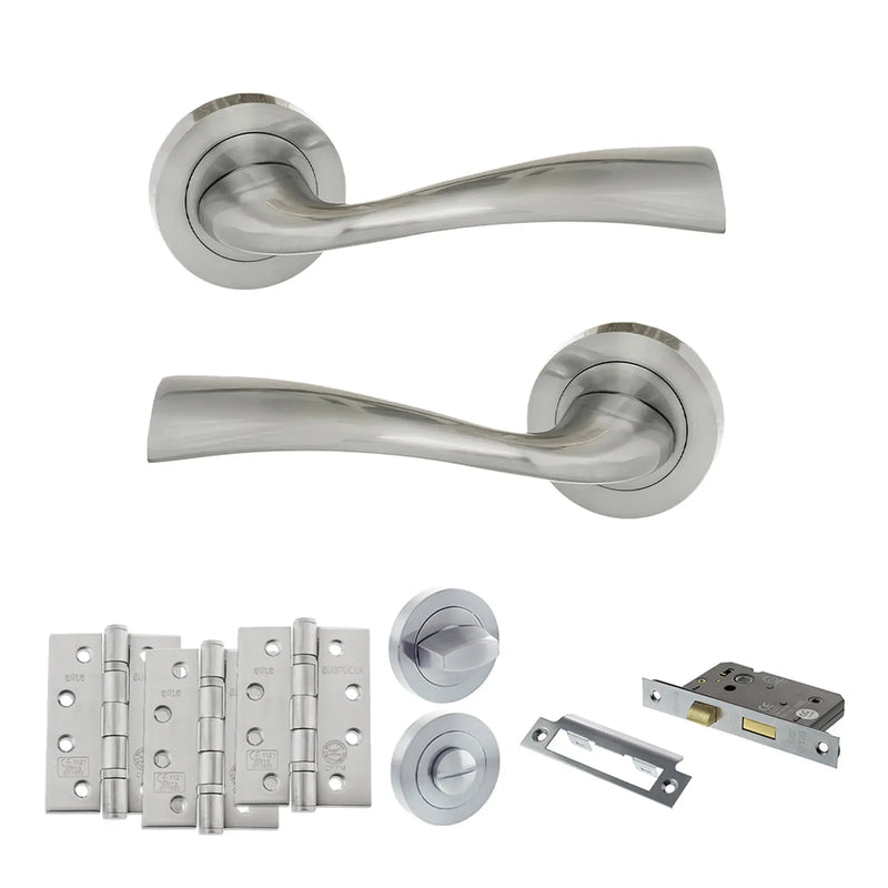 Atlantic Eco Wave Door Handle Pack (Bathroom Set - 3" CE Bathroom Lock, 4" Fire Rated Hinges x3)