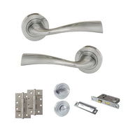 Atlantic Eco Wave Door Handle Pack (Bathroom Set - 3" CE Bathroom Lock, 4" Slim Knuckle Hinges x2)