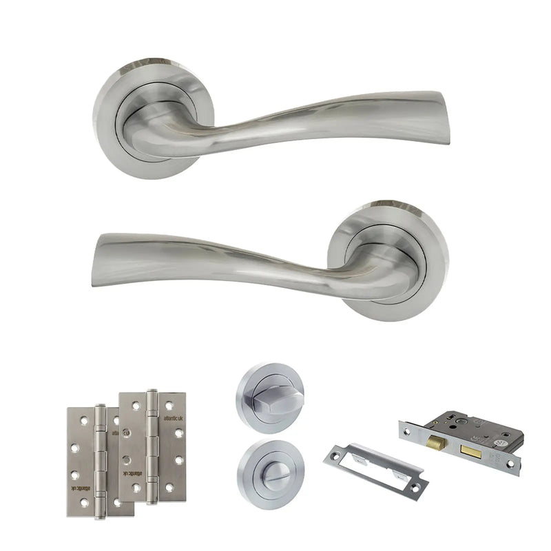 Atlantic Eco Wave Door Handle Pack (Bathroom Set - 3" CE Bathroom Lock, 4" Slim Knuckle Hinges x2)