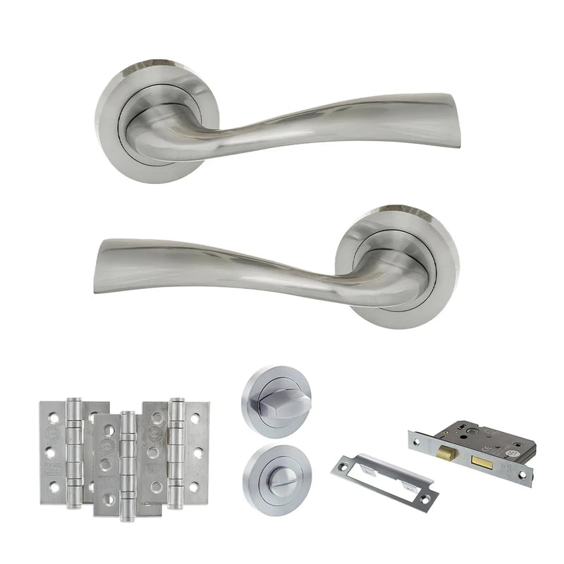 Atlantic Eco Wave Door Handle Pack (Bathroom Set - 3" CE Bathroom Lock, 3" Fire Rated Hinges x3)