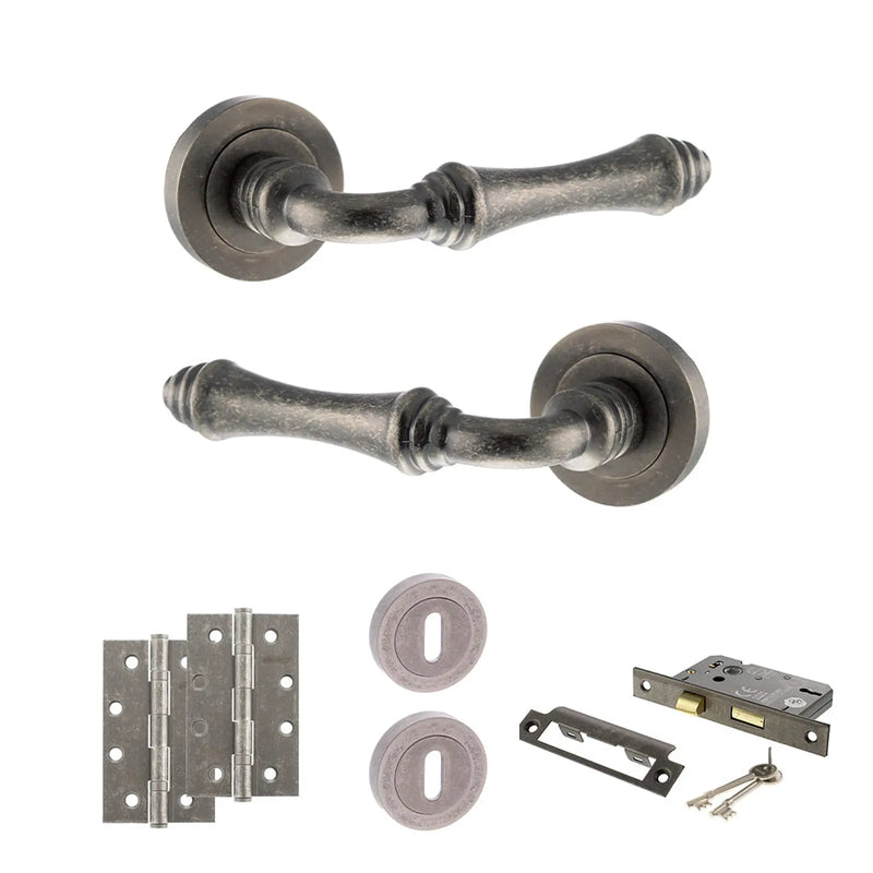 Atlantic Old English Durham Door Handle Pack (3 Lever Lock Set - 3" CE Sashlock, 4" Slim Knuckle Hinges x2)